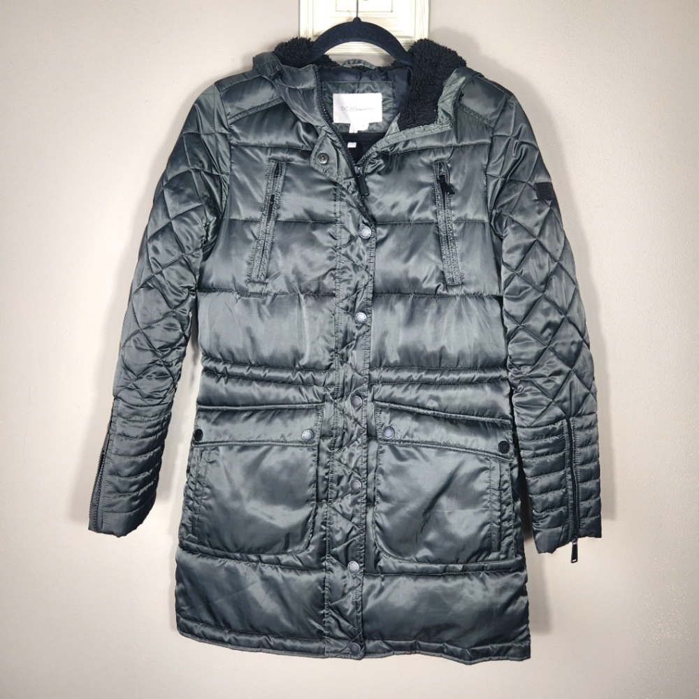 BCBGGeneration long Green Puffer winter jacket S Women's Zip Hooded
